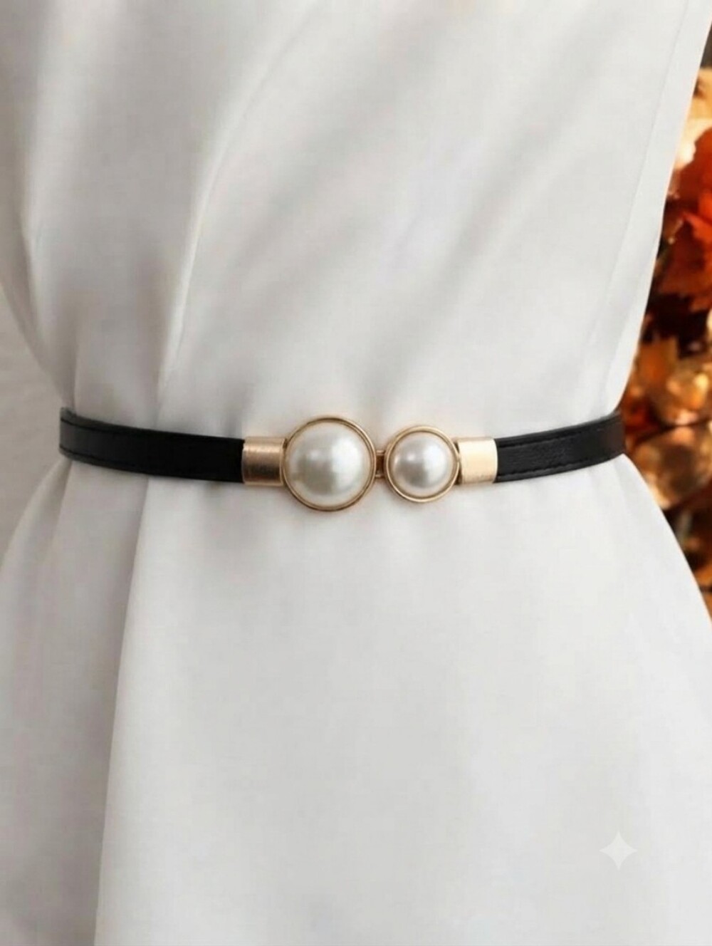 Thin Double Faux Pearl Buckle Solid Color PU Leather Waist Thin Belt One Size